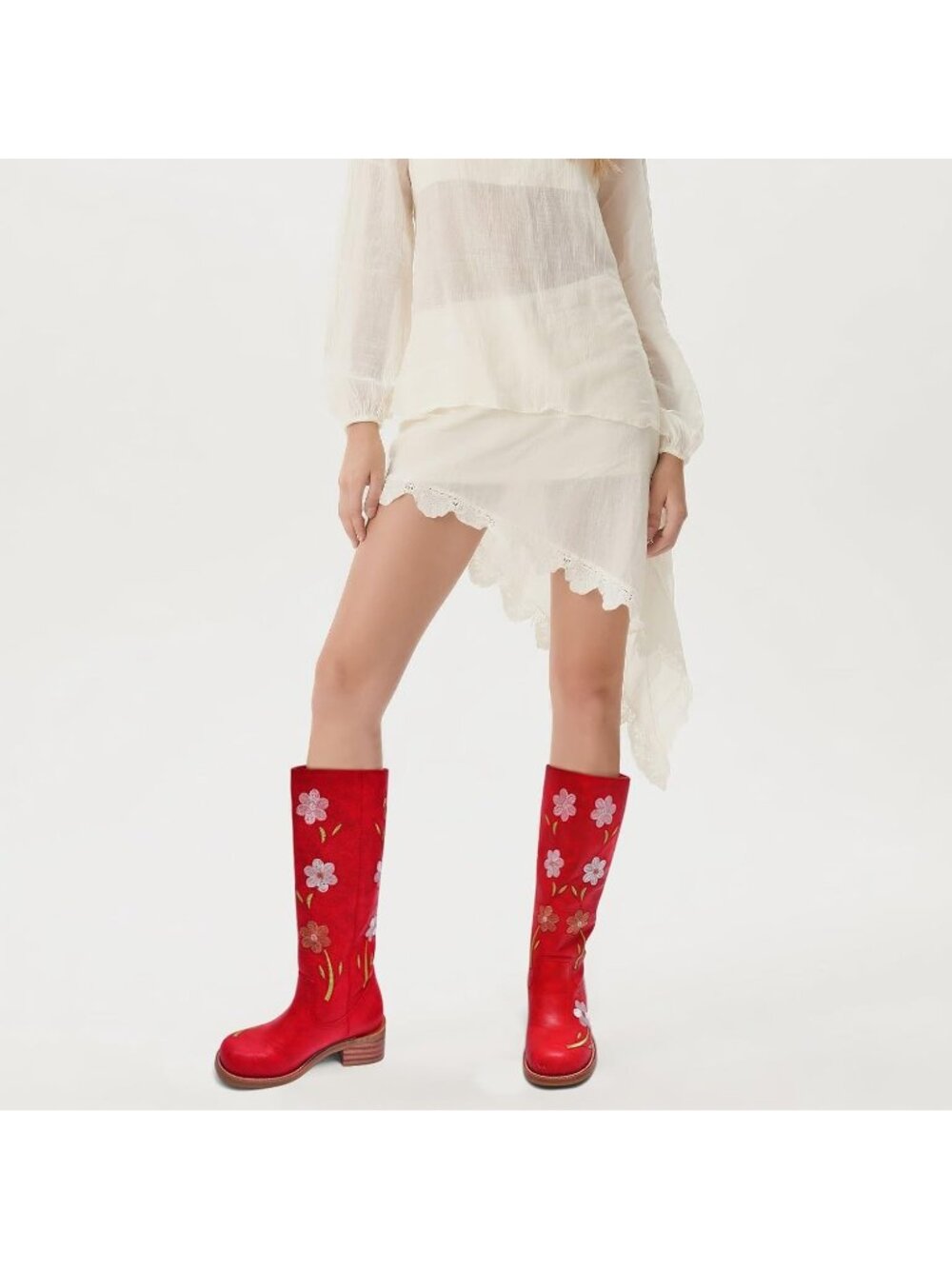 Women's Red Flowers Low Heel Square Toe Chunky Block Heel Long Knee High Boot - Picture 4 of 5
